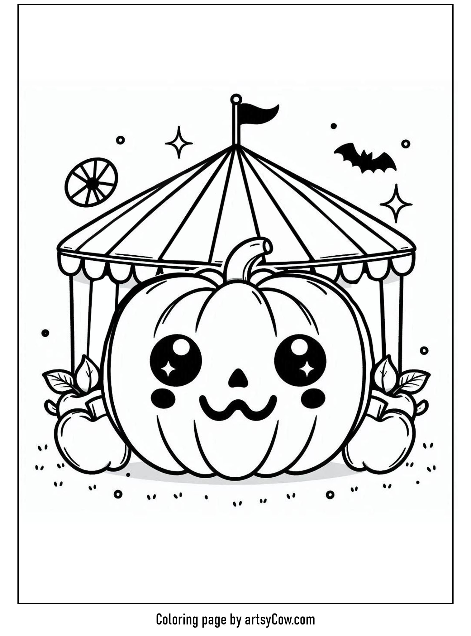 halloween coloring pages with jack-o-lantern, featuring a cute pumpkin in a circus tent
